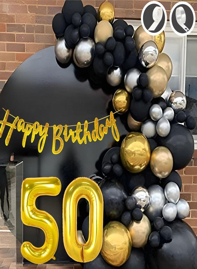 Flyloons 50th Happy Birthday Decoration Golden and Black Theme Combination for Boys Girls | 30 Pcs Gold Black Silver Balloons | Gold Happy Birthday Cursive Glitter Banner | Arch Tape | Glue Dots - Image 1